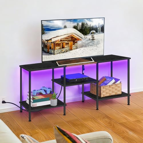 OYEAL Black LED TV Stand for 32/40/50 Inch TV Small Entertainment Center with Storage, Power Outlet and LED Lights, TV Media Console Table Television Stands for Bedroom, Living Room