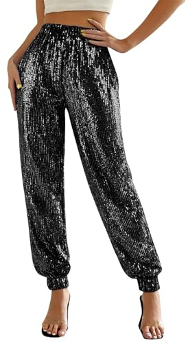 EMATOP Glitzer Hose Damen Elegant Lang Pailettenhose Hohe Taille Palazzo Hosen Vintage Pailletten Jogginghose Elastische Taille Glitzerhosen Lässig Baggy Haremshose Freizeithose Party Club Kostüm
