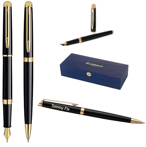 Waterman Hémisphère Füllfederhalter & Kugelschreiber Set mit Gravur – Luxus Schreibset, Personalisierbar als Geschenk für Geburtstags-, Jubiläums- und Weihnachtsgeschenke (Black G.T.)