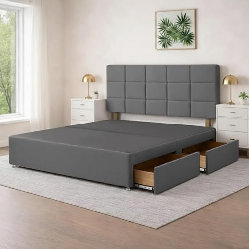 4FT6 Elegant Grey Plush Divan Double Bed Frame | Sleek Bed Bases with 20 Cube Headboard | Wooden Frame with 2 Storage Drawers