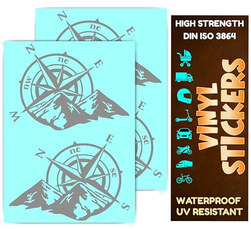 DIN 3864 Vinyl Sticker Kompass Off Road Windrose Wohnmobil Folie Motorrad Aufkleber Roller Scooter Helm Auto US Army Tank Geländewagen Fahrzeuge Motorradkoffer (Silber, A4-Set-4)