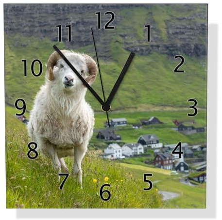 Wallario Design-Wanduhr Wildes Schaf in der Natur aus Glas, Motiv-Uhr Größe 30 x 30 cm, Schwarze Zeiger