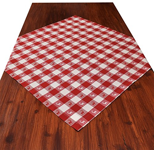 Mitteldecke Landhaus-Tischdecke Karo in Rot 82 x 82 cm quadratisch | rot-weiß Karierter Webstoff langlebig Hirsch-Motiv | rustikal-gemütlicher Landhaus-Stil für Küche, Esszimmer, Gästezimmer