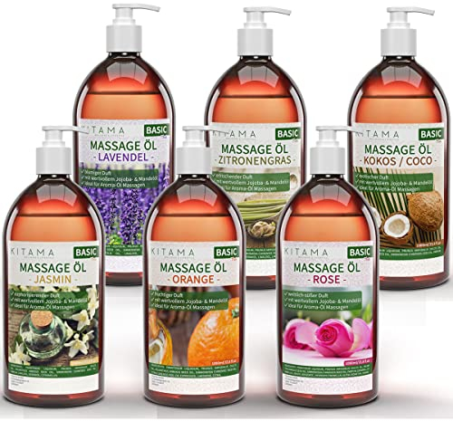Kitama Massageöl Aroma Set 6 x 1000ml - Aroma Jasmin, Rose, Orange, Lavendel, Kokos & Zitronengras - Aroma-Öl Haut-Öl Pflege-Öl