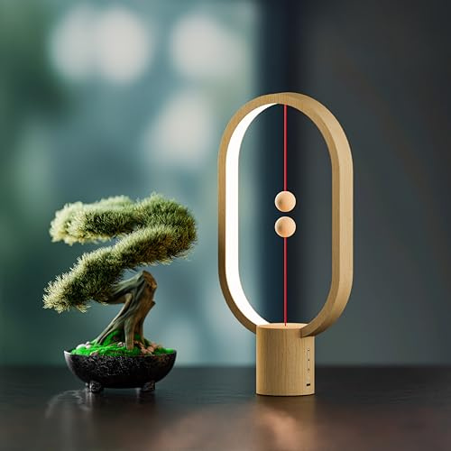 Xhope4u Heng Balance-Lampe, kreative, intelligente Balance-Magnetschalter, LED-Tischlampe, USB-betrieben, wiederaufladbar, LED-Tischlampe, Schreibtischlampe für Zuhause, Büro (Holz)
