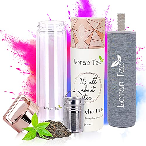 Loran - Teeflasche Teamaker mit Sieb to go 500 ml | Doppelwandig | Isoliert | Glasflasche mit Edelstahl Sieb | Trinkflasche mit Filter | Rose - Goldener Deckel | BPA-frei Thermoflasche