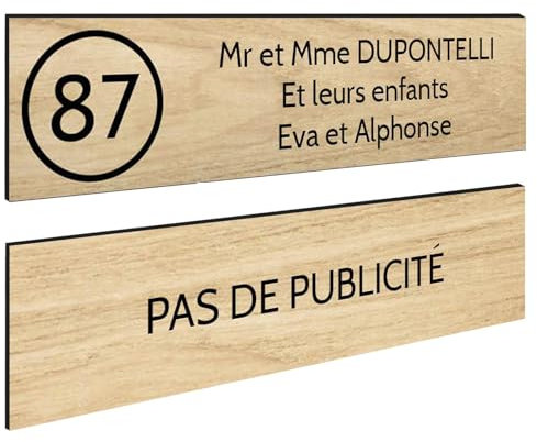 DECOHO - Plaque Boite aux Lettres Personnalisable - Lot de 2 plaques adhésives en Plastique Bleu et Noir - Format 100x25 mm - Gravure Las - Marron