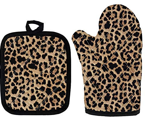 HUGS IDEA Ofenhandschuhe mit Leopardenmuster, hitzebeständig, doppellagig, langlebig, Pizza-Ofenhandschuhe für Küche, Kochen, Backen, Grillen, Grillen