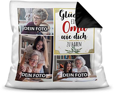 PR Print Royal Kissen mit Füllung - Fotocollage selbst gestalten mit Spruch für Oma - GLÜCK - mit DREI eigenen Fotos - Geschenkidee Fotokissen - Farbkissen Rückseite Schwarz