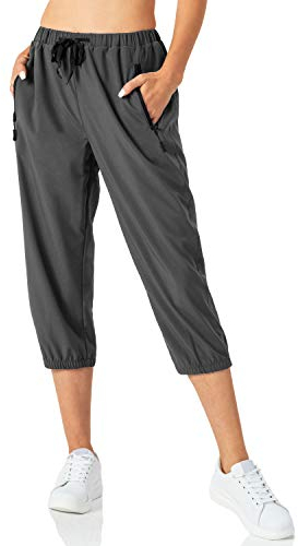 Butrends Damen Leichter Jogger Caprihose Casual Schnell trocknend Hose Workout 3/4 Workout Joggerhose Sonnenschutz UPF 50+ Wanderhose mit Tasche Grau, L