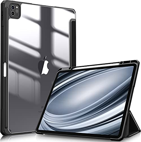 Fintie Hybrid Hülle für iPad Pro 12.9 2022 (6. Generation)/ iPad Pro 12.9 2021/2020/2018 mit Stifthalter - Stoßfeste Schutzhülle mit transparenter Hartschale auf der Rückseite, Schwarz