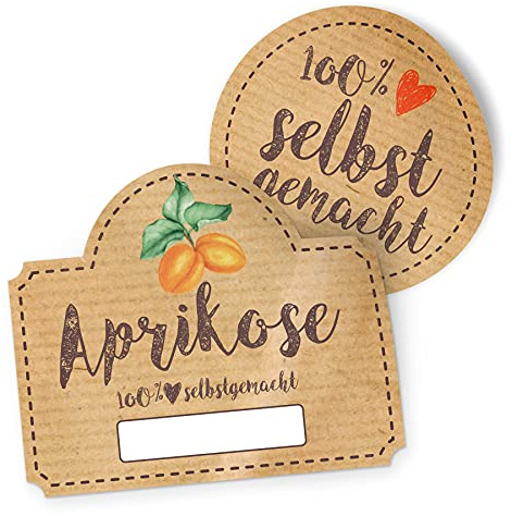 itenga Marmeladen Etikett Aprikose Aufkleber 100% selbstgemacht Sticker braun selbstklebend für Marmelade Einmachgläser Geschenke - hochwertiges Papier - 10 Aufkleber rund und 10 Aufkleber rechteckig