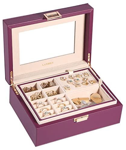 LANDICI Jewellery Box Organiser for Women Girls, Jewellery Storage Case with Mirror and 2 Layers Removable Tray, PU Leather Jewelry Display Holder for Necklace Earrings Rings Bracelets (Purple)