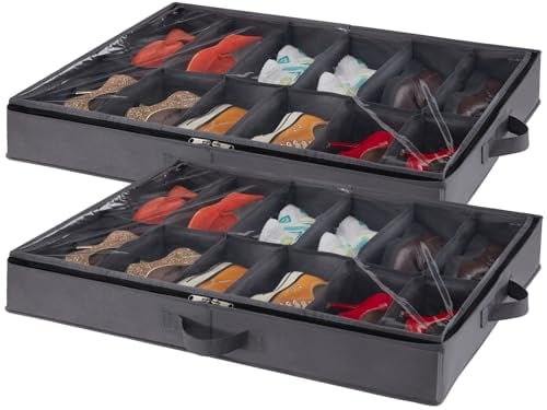 Lifewit 2 Piezas Bolsas de Almacenamiento para Zapatos con Ventana Transparente, Cajas Almacenaje Zapatos Plegables Debajo de la Cama con Asas, Organizador Zapatos, 12 Compartimentos, Gris, 2x12 Pares