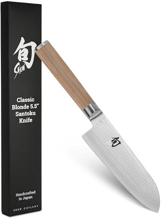 Shun Classic Blonde 5.5 Santoku Knife, Handcrafted Japanese All Purpose Knife, VG-MAX Core with Damascus Stainless Steel Cladding, Pakkawood Handle, Versatile Japanese Cutting Tool