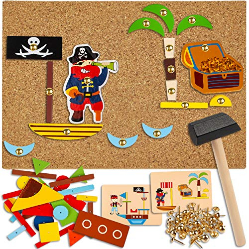 alles-meine.de GmbH Hammerspiel - 169 Teile Piraten & Piratenschiff/für Kinder - Klopfspiel Nagelspiel - Hämmerchenspiel - Holz bunt Nagel Hammer - Hämmerchen mit Korkplatte ..
