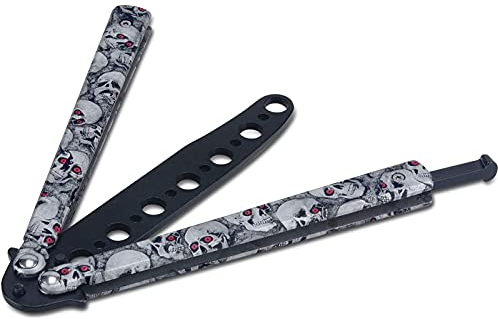 JIUAI Butterfly Knife Trainer,Folding Steel Metal Balisong Training Knife Tool for CS GO Lovers,Pocket Practice Training Knifes,Unsharpened Blade 100% Safe for Practicing Flipping Trick,Skull Gray