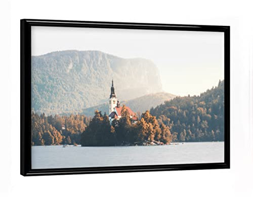 artboxONE Poster mit schwarzem Rahmen 18x13 cm Natur Sunrise on The Lake - Bild Lake bleder See Church