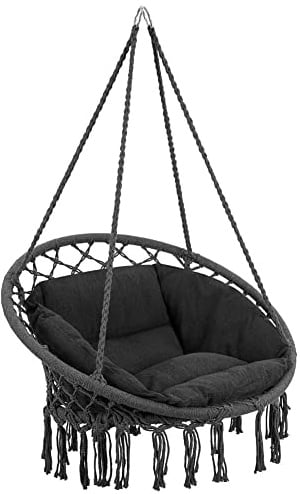 Bakaji Sillón Colgante de Exterior jardín de Cuerda de algodón, Silla Mecedora Colgante Hamaca terraza Camping con Estructura Circular de Acero Asiento Acolchado cojín diseño Moderno (Gris)