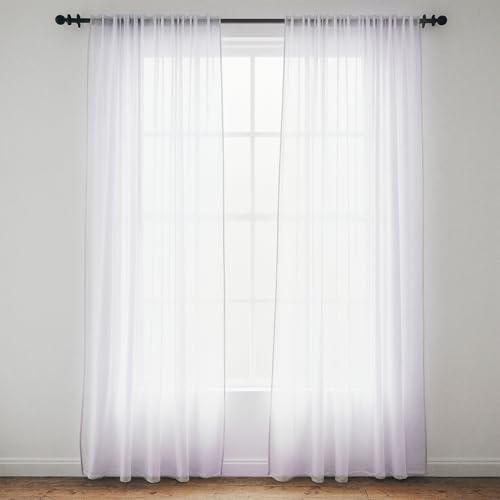Trimming Shop White Voile Curtains 2 Panel Semi-Transparent Sheer Slot Top Curtain Pair 142 x 206cm for Window & Door Lightweight Net Curtain for Bedroom, Kitchen & Living Room