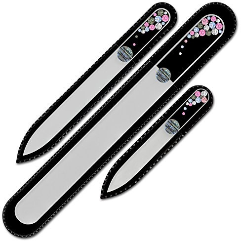 Mont Bleu Set of 3 Crystal Nail Files Hand Decorated with Swarovski Elements, in Black Velvet Sleeve - Genuine Czech Tempered Glass - Hand-Made Glass Nail Files