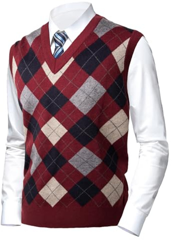 Herothorn Men's Thick Argyle Sweater Vests Classic V-Neck Knitwear Jumper Waistcoat Wool Blend Sleeveless Cardigan with Buttons Warm Plaid Tank Tops Autumn Winter