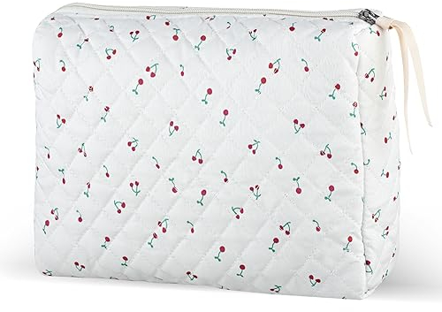 Amaxiu Große Make up Tasche, Reise Kosmetiktasche mit Reißverschluss, Kawaii Kirschen Drucke, kariert, ästhetisch, gesteppt, Make up Tasche, Organizer für Damen, Schule, Kulturbeutel (A)