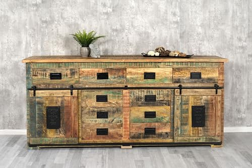 SAM Sideboard Libro III, Mangoholz massiv + bunt, Kommode mit 2 Holzschiebetüren, 10 Schubladen & 2 offenen Fächern, Türelemente, Griffe & Reling aus Eisen, 200 x 90 x 45 cm, Shabby Chic