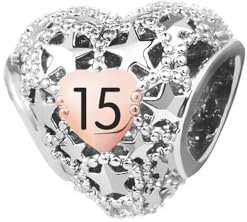 KunBead 15 Happy Birthday Rose Gold Heart Star Bead Charms Compatible with Pandora Bracelet for Daughter Granddaughter Sister Best Friend