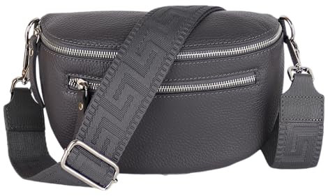 MIRROSI® Damen Bauchtasche Umhängetasche 27x14,5x8cm Damen, Made in Italy, aus Echtleder Tasche Echtes Leder, Brusttasche, Crossbody Bag,Bohemian Style (1 Tasche 2 Gurte) (DK.Grey Uni)