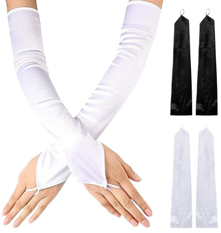 2 Paar Damenhandschuhe, Satin, Lang, Fingerlos, Weich, Elastisch, Elegant für Formelle Anlässe, Cosplay und Hochzeiten (Weiß)