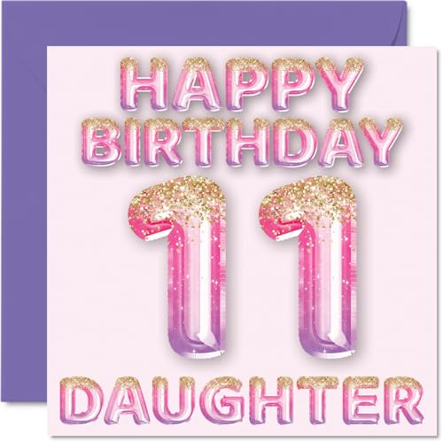 11th Birthday Card for Daughter, Pink & Purple Glitter Balloons | Happy Birthday Cards for 11 Year Old Daughter from Mum or Dad Parents, 145mm Bday Greeting Cards Gift