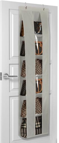 Lirex Tür Handtaschen Organizer, Platzsparende Aufbewahrung für Handtaschen und Kleidung, Inklusive Halterung für Schals, Hüte und Leggings, Grau