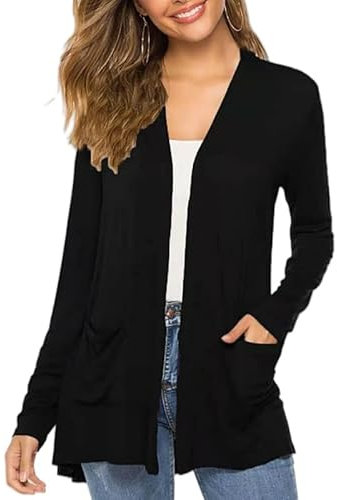 CuLtP Cardigan Donna Elegante Cardigan Bolero Leggero da Donna A Maniche Lunghe Estivo Giacca Corta Aperta sul Davanti con Tasca Casual Spolverino da Ufficio Cardigan Scialle Coprispalle Nero L