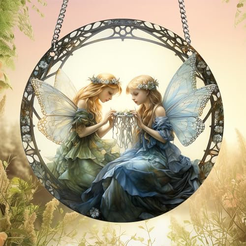 DRWSSR 1PC Flower Fairy Acrylic Stained Glass Suncatcher Nature Round Flowers and Girls Suncatcher Hanging Decoration with Metal Chain-SunCatchers for Window Decor Outdoor Garden Decor Gift (A)