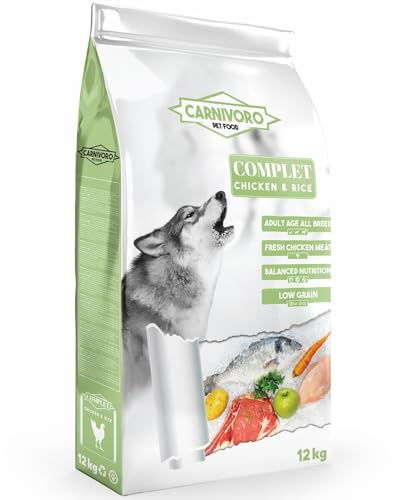 Carnivoro - Complet Pollo y Arroz - Pienso para Perros Adultos - Todas Las Razas - con Pollo Fresco Braseado - Alimentación Balanceada - Bajo en Granos -12 kg.