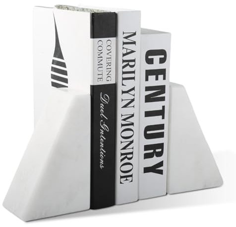 Karibiber Lot de 2 serre-livres décoratifs en marbre uniques pour étagères, serre-livres en pierre blanche pour livres lourds, support de livre lesté pour la maison, le bureau, la décoration d'étagère