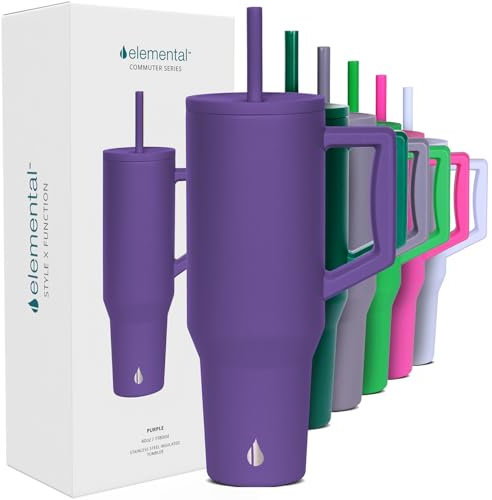 Elemental 1180 ml Tumblers with Handle and Straw - Stainless Steel Travel Mug - Thermal Cup - Hot & Cold Beverages - Coffee Cup Travel Mug - 2 Straws & Spill Proof Lid - Purple