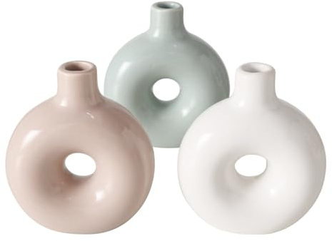ReWu Vase Lanyo 3er-Set Beige Grün Weiß Blumenvase Dekoration Wohndekoration Tischdekoration Rund Tischvase 7,5 x 3,5 x 9 cm