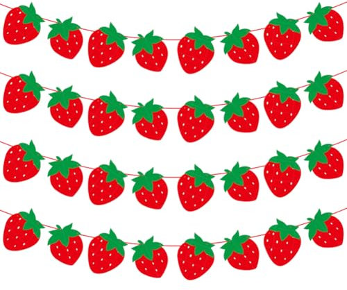4 Stück Erdbeer-Party-Banner, Erdbeeren, Wimpelkette, Banner, niedliche Beeren-Girlande, Happy Birthday, Obst-Banner, süße Sommer-Party-Dekorationen, Obst-Thema, Geburtstagsdekorationen