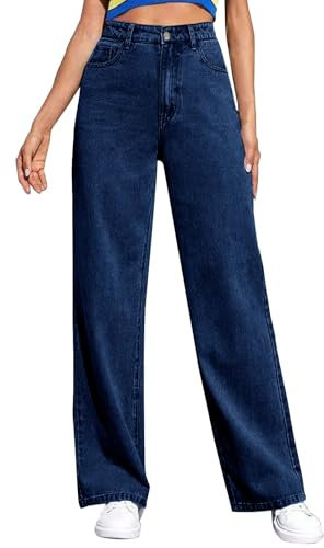 Jeans pour Femme Coupe Droite Taille Haute Amincissant - Pantalon Stretch Jambe Droite Vintage Américain Drop Jeans Évasés, Bleu, XL