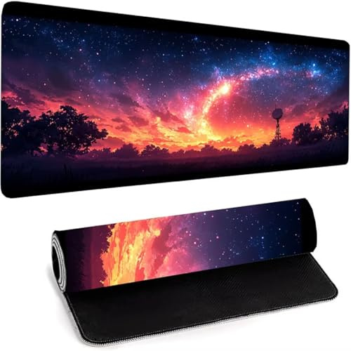 Gaming Tapis de Souris 1200 x 600 x 3mm - sous-Main avec Bords Cousus - Extra Large Mouse Mat D'ordinateur Pad De Bureau - Tapis De Souris XXL -Caoutchouc Base Antidérapante Rouge Ciel étoilé D-1
