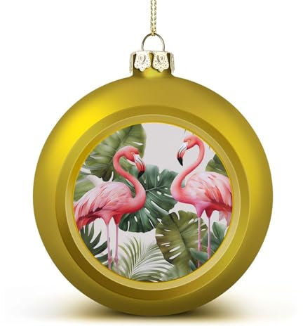 Lot de 4 boules de Noël en forme de flamant rose avec feuilles de palmiers - 4,1 cm - Style doré - À suspendre - Pour sapin de Noël