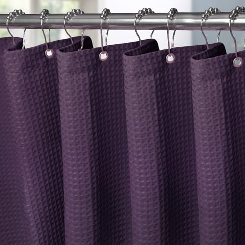 VANZAVANZU Waffel Duschvorhang mit Metall Duschvorhangringe Stoff Textil Badewannenvorhang Anti Schimmel Bad Vorhang Set Wasserdicht Schwerer Badewanne Vorhang - 152 x 214cm (Lila)