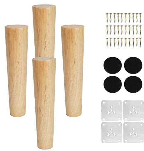 KINDPMA 4 Piezas 20cm Patas para Muebles Madera Roble Cónicas Patas de Mesa de Madera Patas para Sofas con Tornillos y Placa de Montaje para Cama,Sillón,Gabinete de TV, Armario