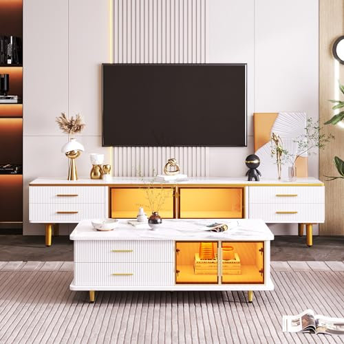BTM Table Basse Salon avec LED, Table Basse Blanc Moderne avec 2 Portes et 2 Tiroirs, Dessus Marbré et Designs Dorés, Charge 80kg, 100x50x40 cm, Blanc
