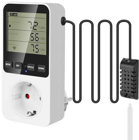 Feuchtigkeitsregler Temperaturregler 230V Hygrostat Steckdose Digital Thermostat Steckdose mit Fühler Alarm Heizung Kühlung Befeuchtung Entfeuchtung für Luftbefeuchter Luftentfeuchter Pilz Gewächshaus