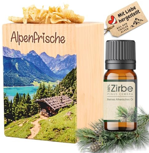 sagl.tirol® Zirbenholz Set mit Zirbenspäne und 10 ml Zirbenöl - Zirbelkiefer Öl – Zirbenduft und Deko aus Zirbelkiefer – Nachhaltige Zirbenholz Produkte, Zirbenwürfel, Raumduft Zirbe - Bergmotiv Farbe