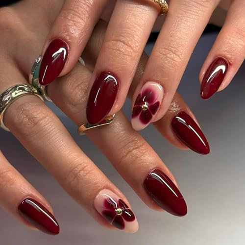 MouyouGlow Press on Nails Kurz,Almond Dunkel Rot Burgundy Glossy Blumen Floral Golden Beads Fake Nails mit Nagelkleber,Dark Wine Red Flowers Künstliche Fingernägel