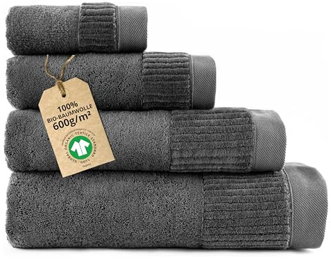 ZWOLTEX - Handtücher Set Graphit, Ultra Weich & Saugfähig 600 g/m², 100% Bio Baumwolle GOTS Zertifizert, ÖKO-TEX, 4er Set (30x50, 50x100, 70x140, 100x150 cm) - Porto Collection